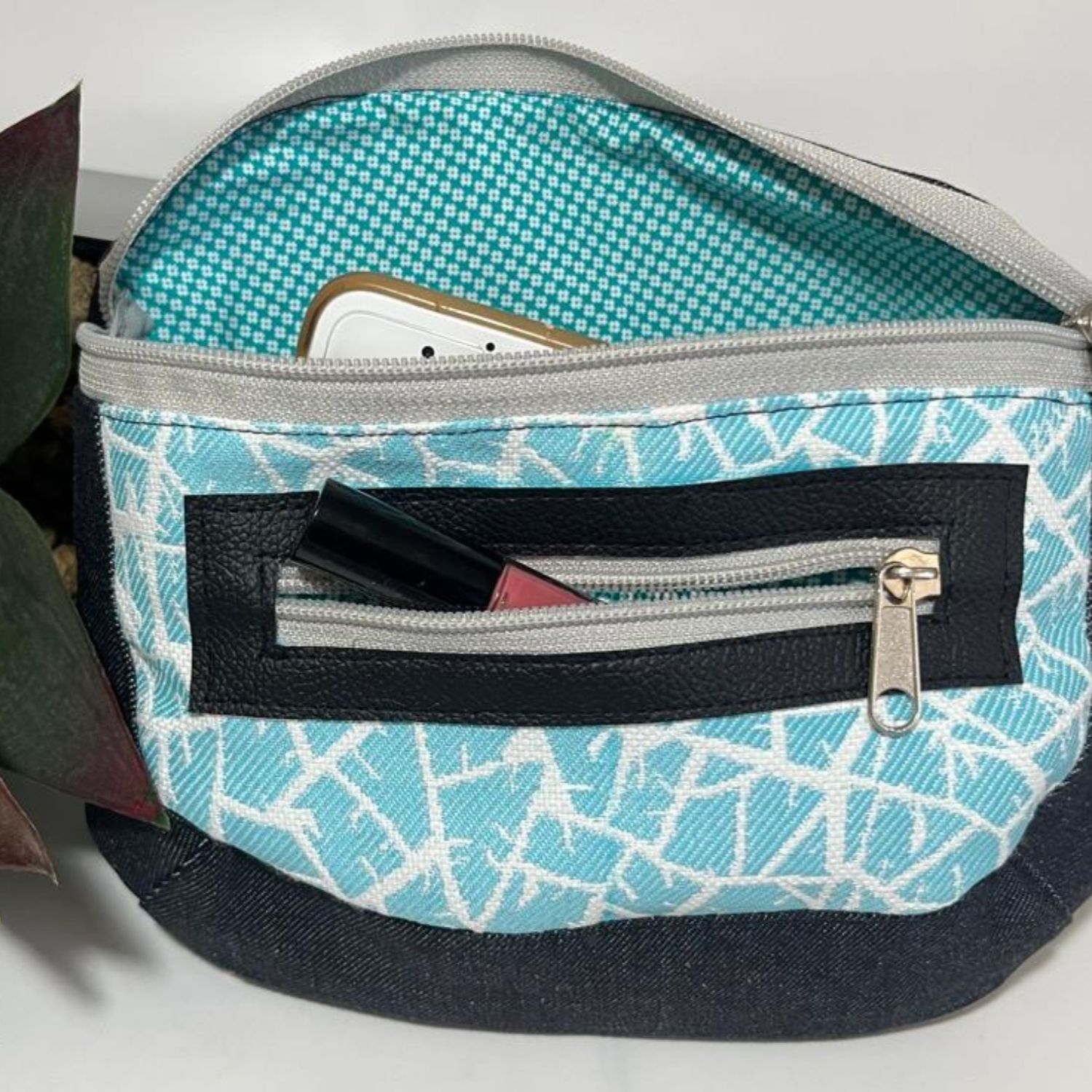 Denim & Turquoise Geometric Clam Shell Bag